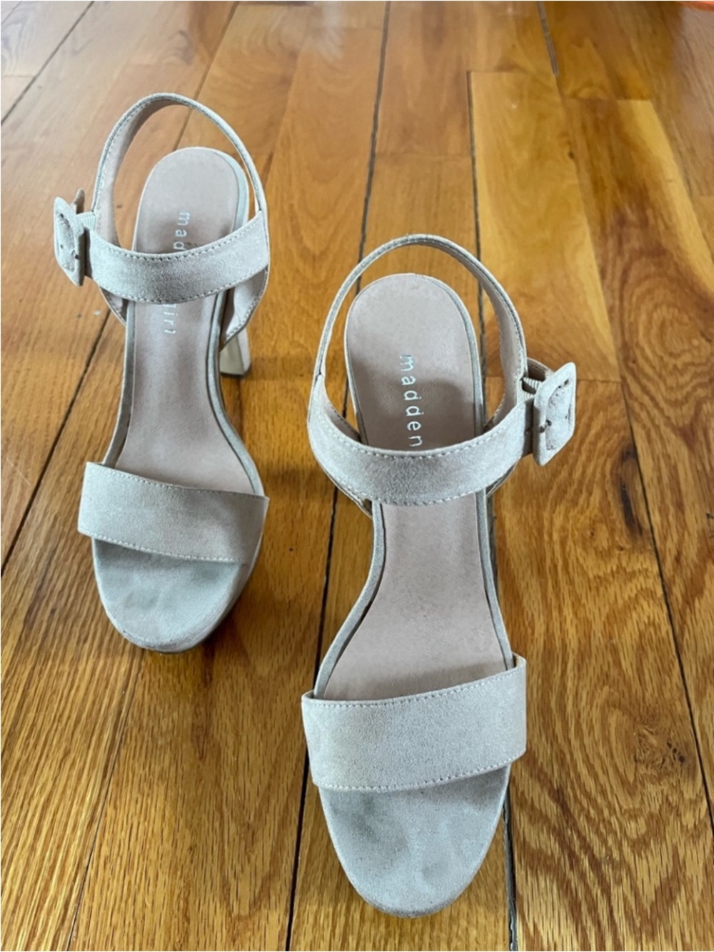 Madden Girl Light Beige Suede Block Heel Sandals